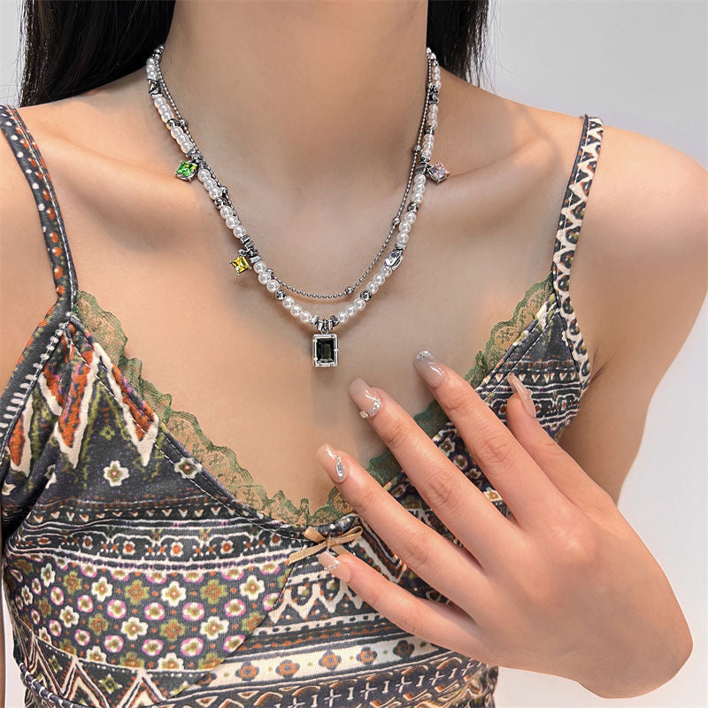 Funsee Hip-hop Colored Zircon Double Layer Necklace