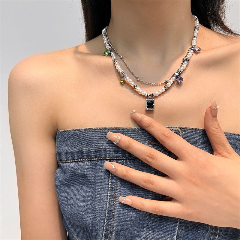 Funsee Hip-hop Colored Zircon Double Layer Necklace