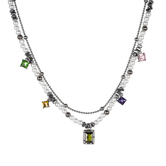 Funsee Hip-hop Colored Zircon Double Layer Necklace