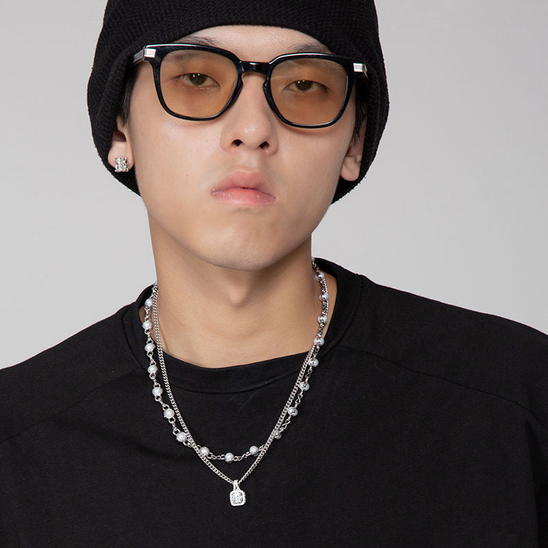 Funsee Square Zircon Double Layer Hip-hop Necklace